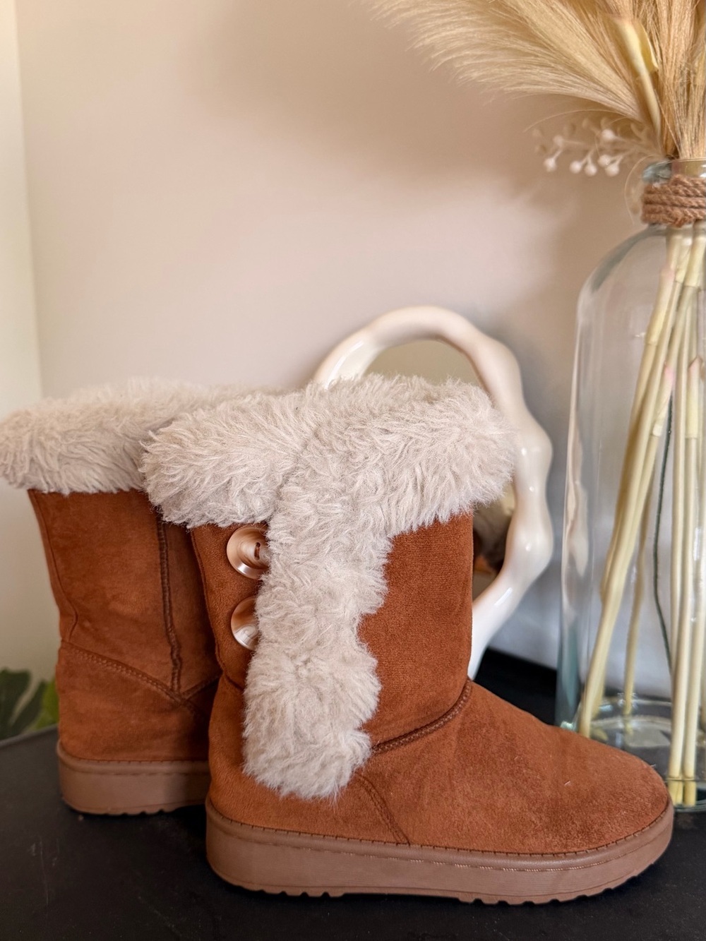 Kids Tan Suede Winter Boots with Plush Fur Cuff